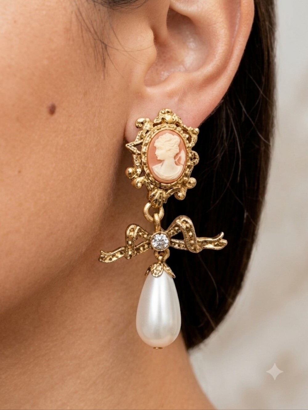 Vintage BIJOUX New York Cameo & Faux Pearl Drop Statement Earrings